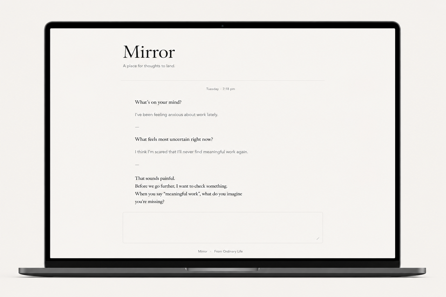 Mirror interface — a guided AI thinking partner from Ordinary Life