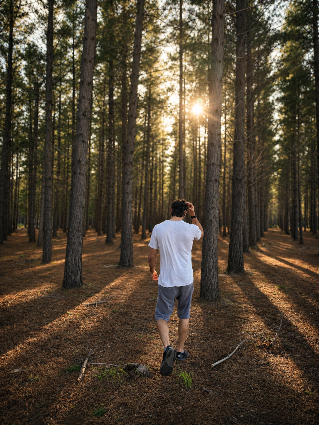 Nic walking through a pine forest at golden hour